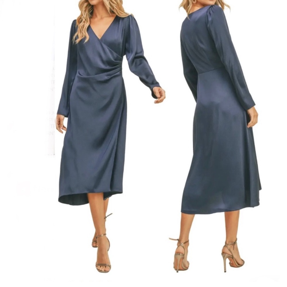 Lush Blue Wrap Tie Front Dress with Bishop Sleeves